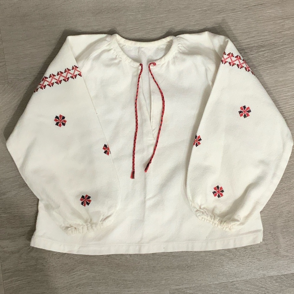 Girls White Embroidered Peasant Blouse with Red Details